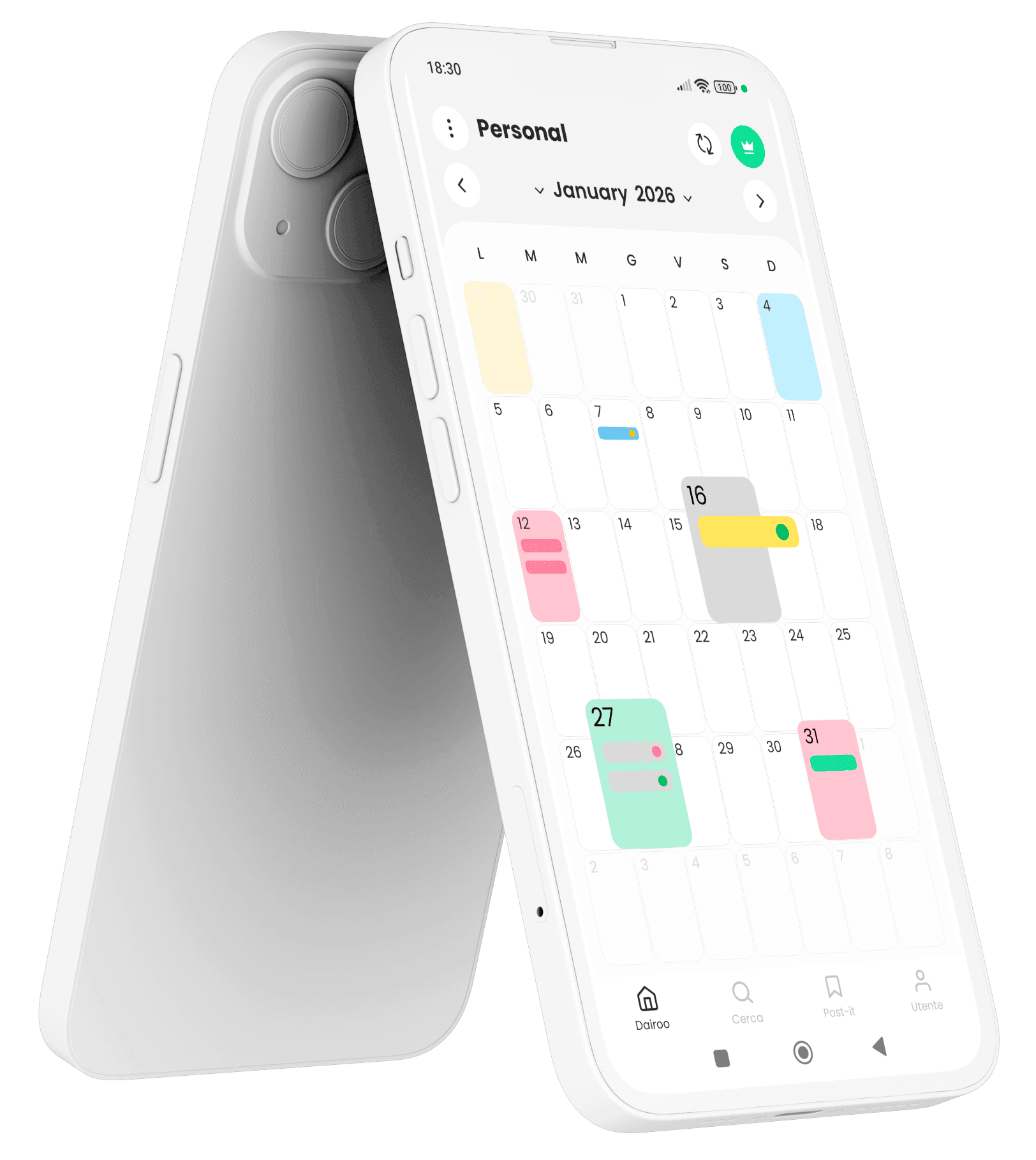 dairoo app interface - visual calendar with color-coded days